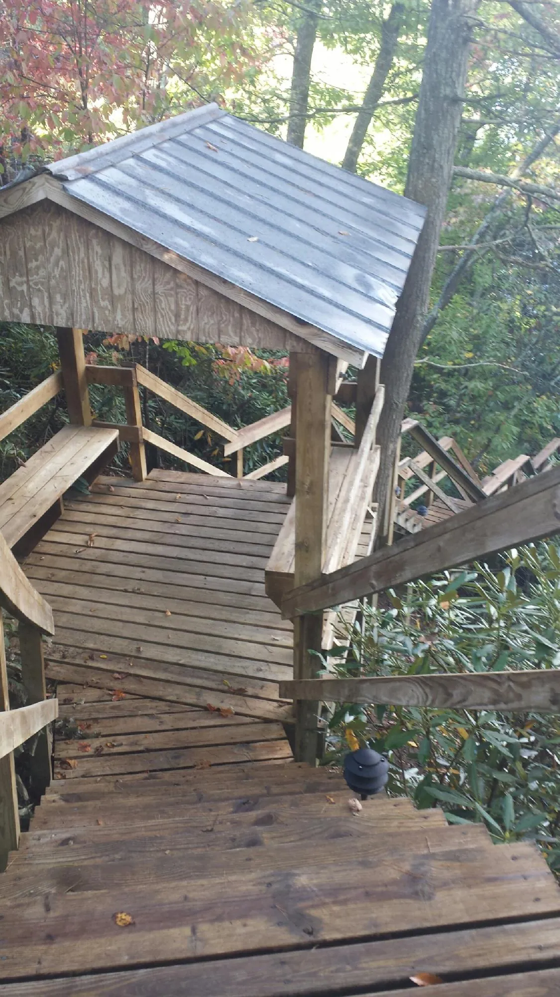 Metal roofed shelter over wooden steps on a wooded walkway — Skylight Repair & Installation work by our crew in Moorefield
